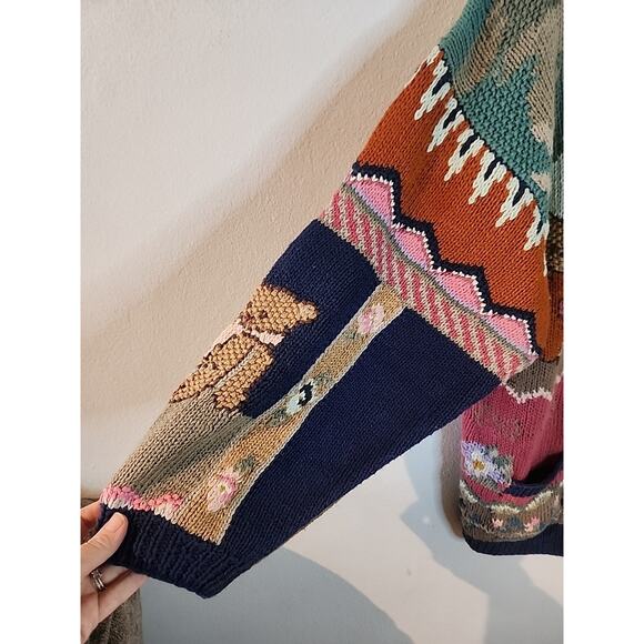 VINTAGE 90s TOGETHER Floral Chunky Knit Cardigan Sweater XL Teddy Bear - Picture 6 of 7